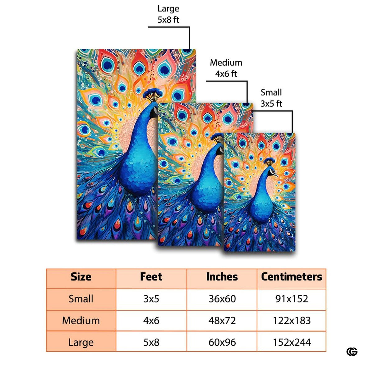 Spacious bedroom mockup featuring the vibrant peacock fanned plumage rug