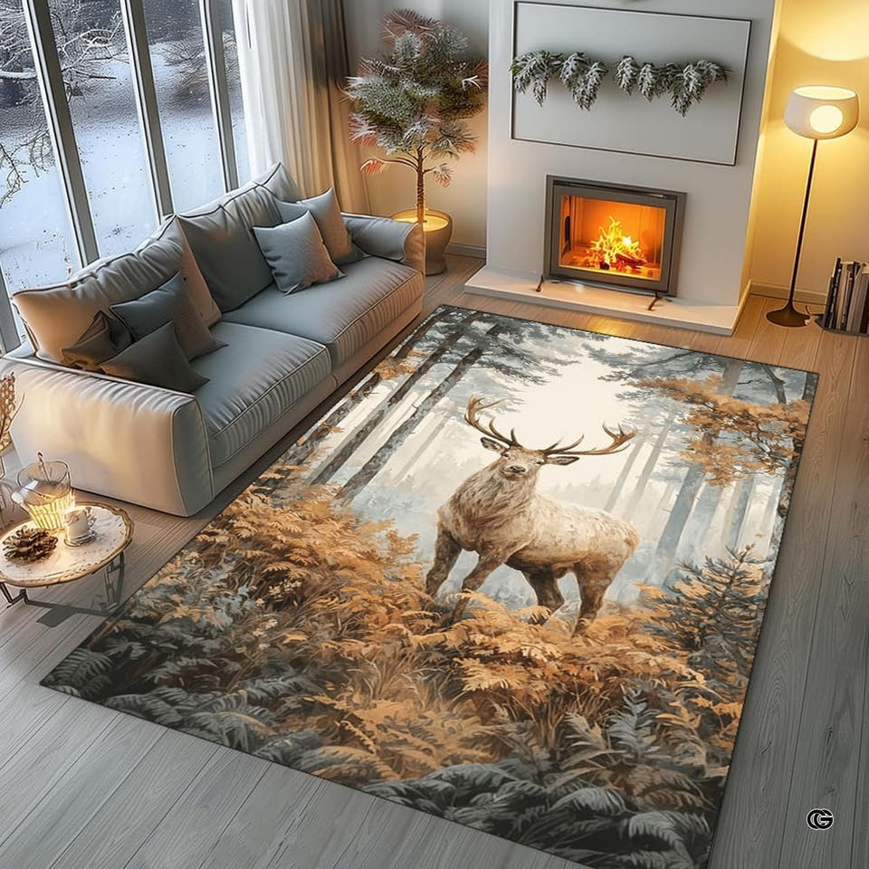 Misty forest stag deer amber bracken ferns area rug in living room by fireplace