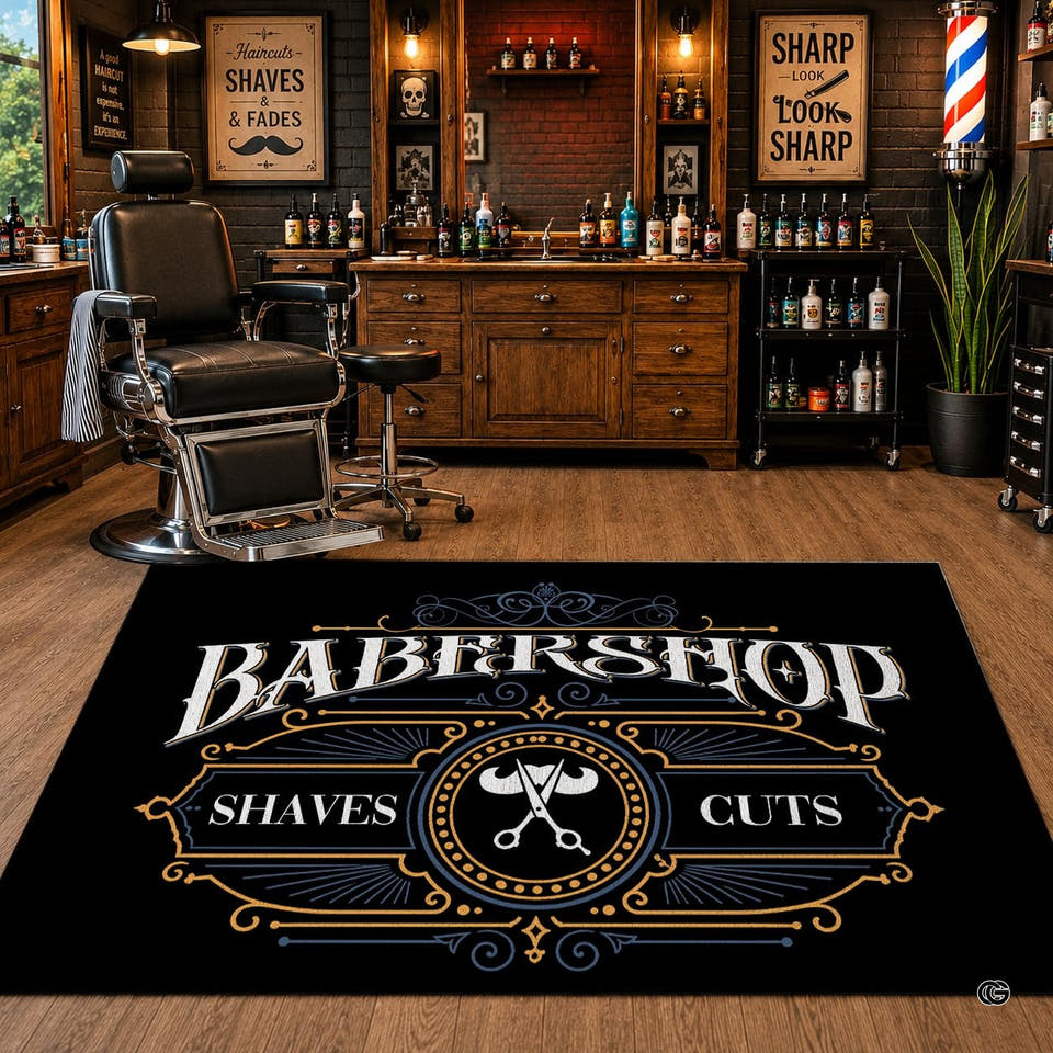 Top-down view of vintage gentleman parlor area rug displaying golden filigree scrolls and center shears emblem