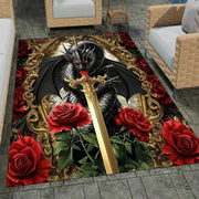 Gothic style area rug featuring a black dragon, golden sword, and red roses in an ornate baroque frame. - thumbnail image 1 of 8