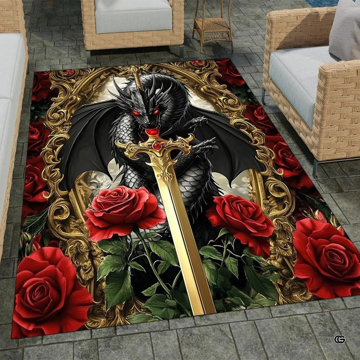 Gothic style area rug featuring a black dragon, golden sword, and red roses in an ornate baroque frame. - image 1 of 8