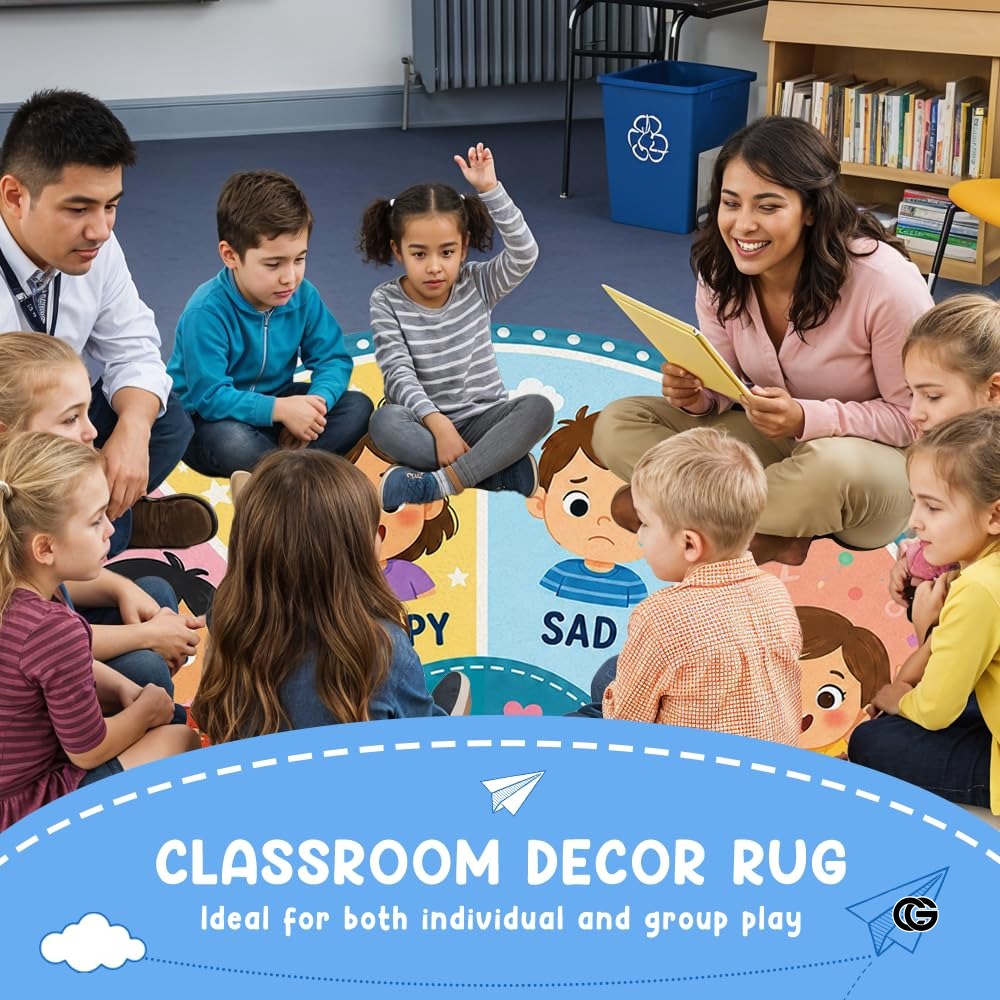 Wheel of Feelings and Emotions Round Rug, Educational Mental Health Rug for Classroom, Educational Animal Shape School Mat, Back to School Gift (Emotion 2)