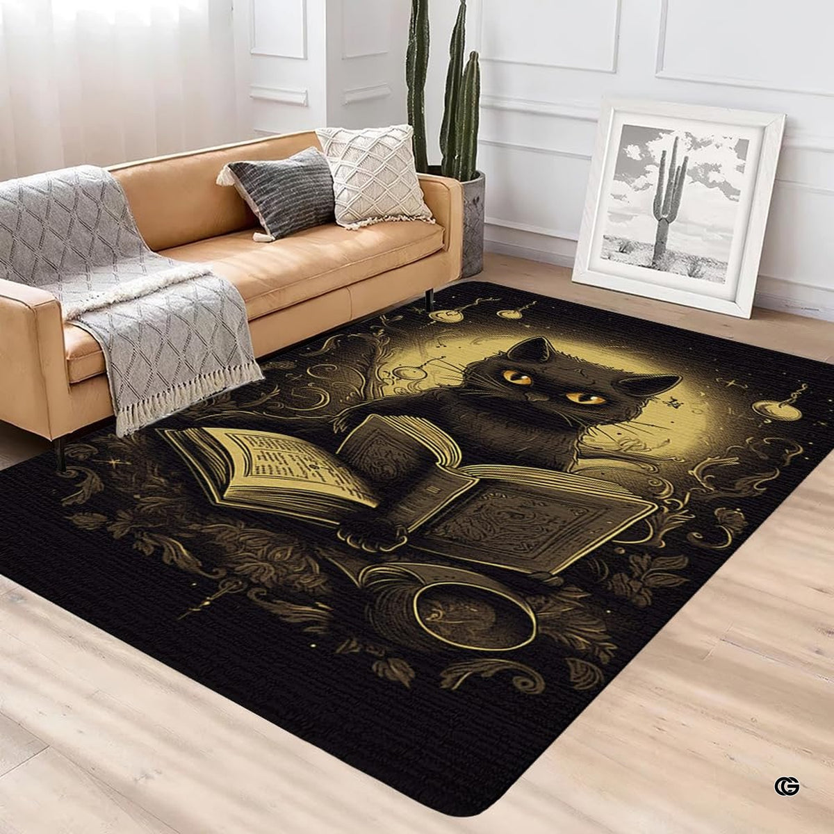 Gothic reading black cat area rug styled on hardwood flooring beside couch. - image 4 of 7