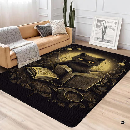 Gothic reading black cat area rug styled on hardwood flooring beside couch. - thumbnail image 4 of 7