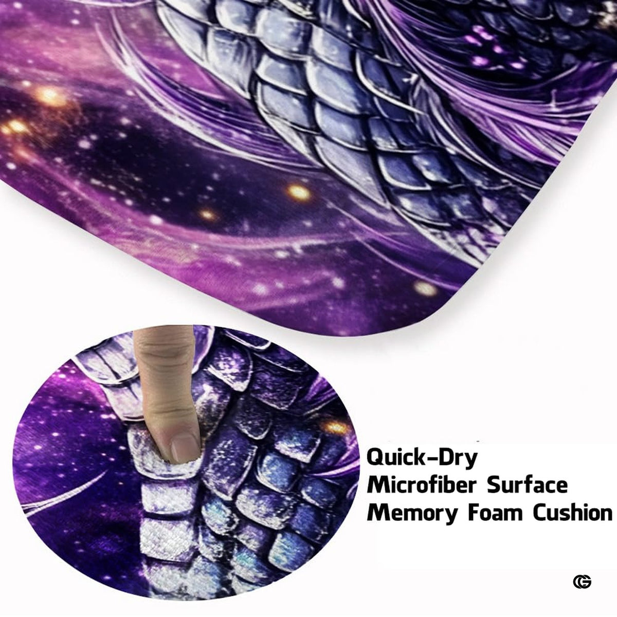 Close-up view of the soft microfiber surface, dragon scales, and purple floral blossoms