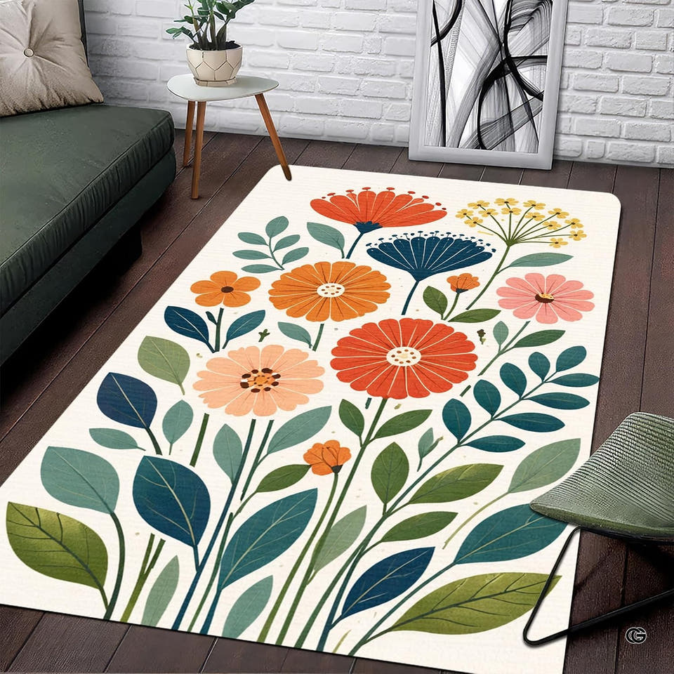 Botanical floral area rug featuring coral orange, blush pink, and teal blue blossoms on off-white background.