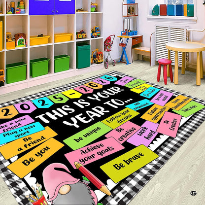 Decorative floor rug placed in a bright children decorative accent area showcasing balanced check and banner artwork. - thumbnail image 6 of 8