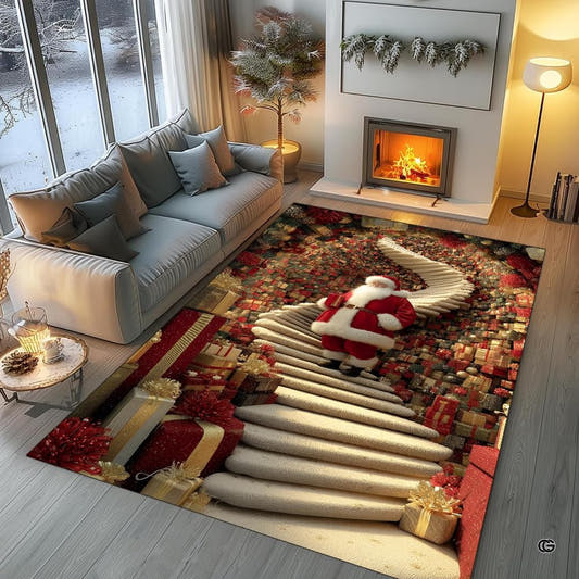 Santa Claus illusion Christmas area rug showing stone steps amidst wrapped presents.