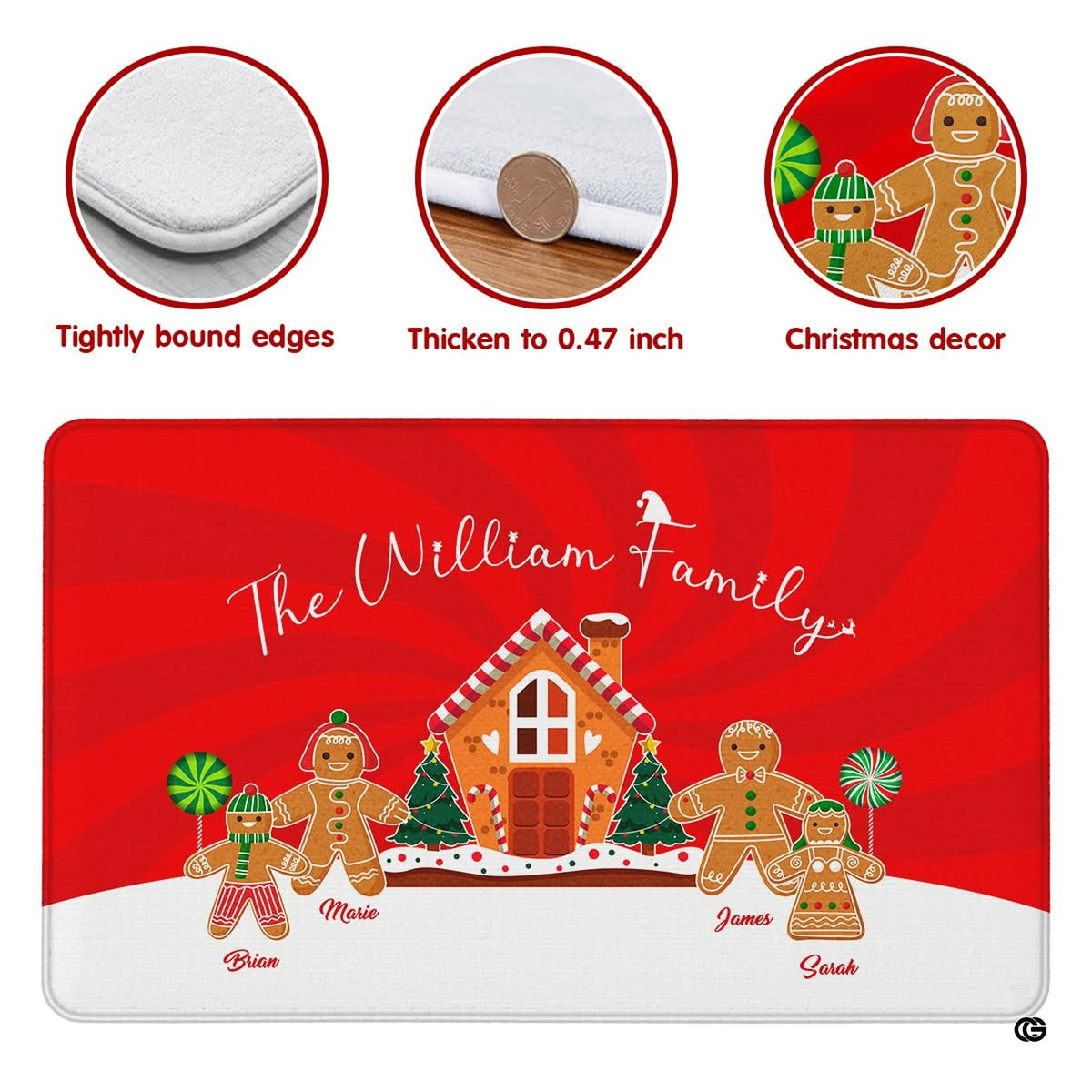 Feature diagram highlighting tightly bound edges and 0.47-inch thickness of gingerbread Christmas rug