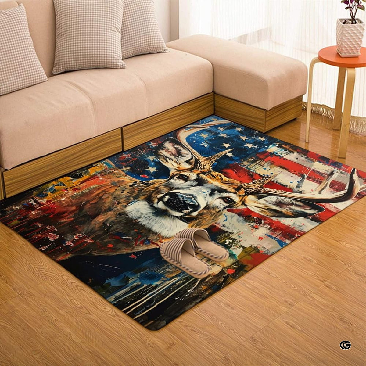 Patriotic deer area rug displayed beside living room couch and side table. - image 7 of 7