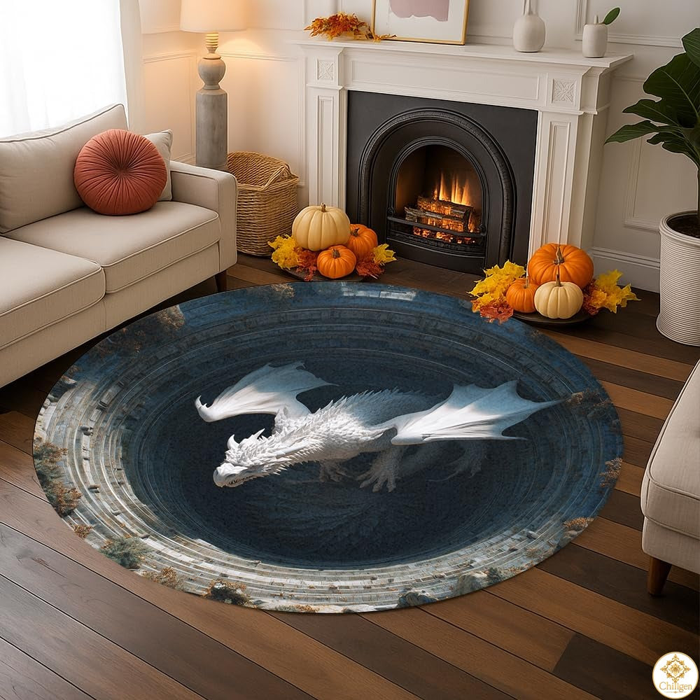 Custom Dragon Round Rug with 3D Illusion and Non-Slip Back