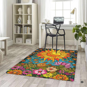 Groovy floral artwork and wavy yellow sun rays on the retro psychedelic rug floor accent. - thumbnail image 5 of 5