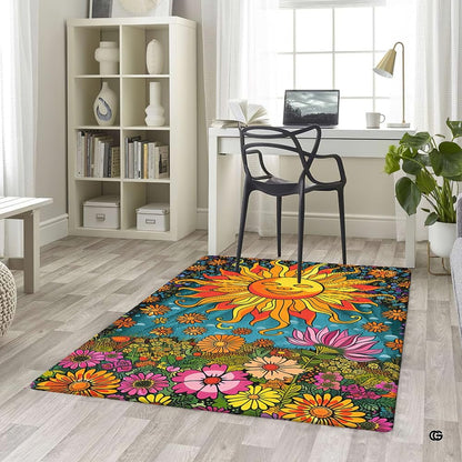 Groovy floral artwork and wavy yellow sun rays on the retro psychedelic rug floor accent. - thumbnail image 5 of 5