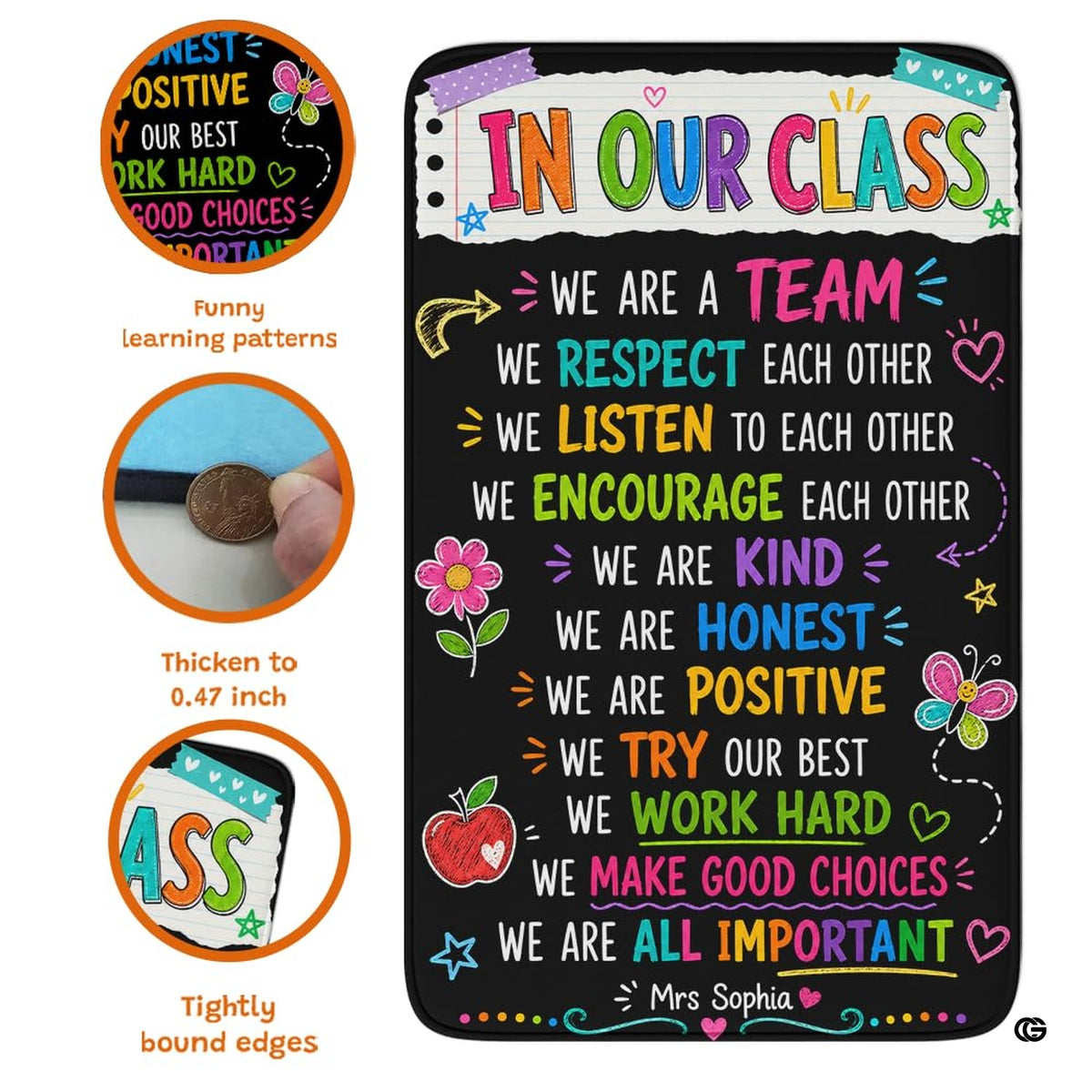 Detailed view of soft pile corner and colorful chalk affirmations on classroom rug.