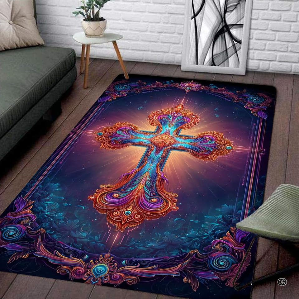 Ornate glowing jewel tone cross area rug in primary perspective