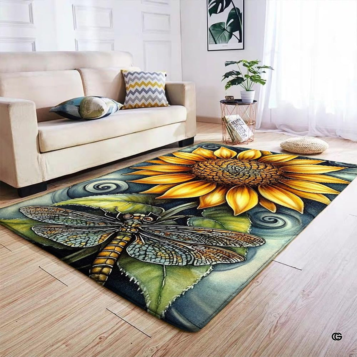 Dragonfly sunflower area rug styled on light wood floor in modern living room setting. - image 4 of 7