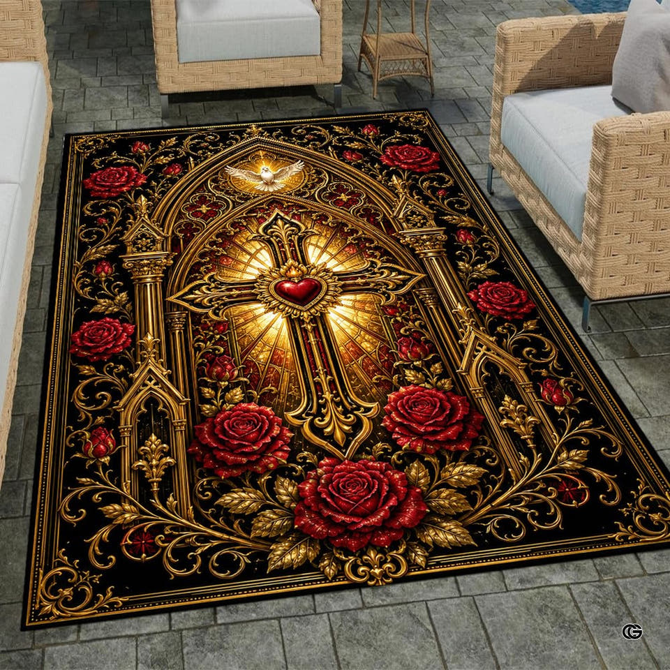 Custom Christian Rug with Name – Inspirational Faith Floral Area Carpet, Non-Skid Floor Mat for Bedroom, Living Room, Church Decor, Housewarming (Classic Gothic)