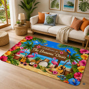 Personalized Tropical Beach Rug, Custom Family Name Tropical Outdoor Rug, Flamingo Surfboard Ocean Area Rug for Living Room, Patio, Beach House Decor, Design 02
