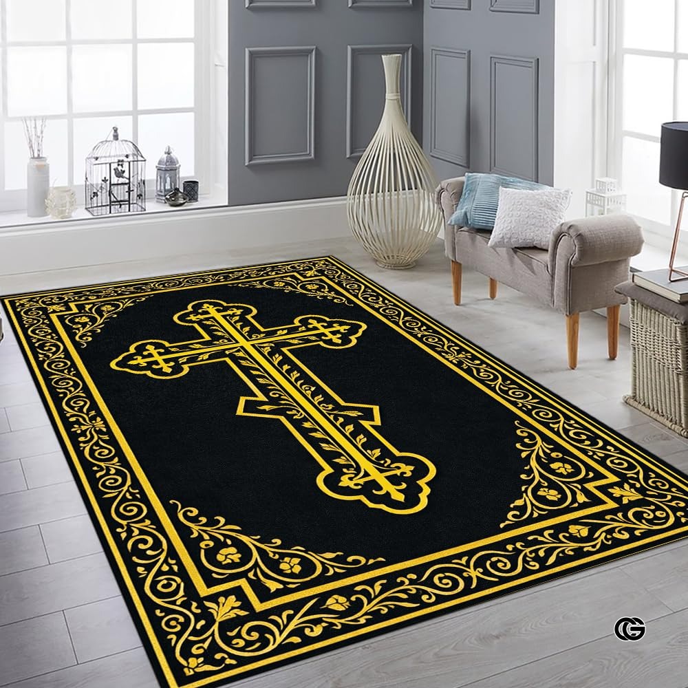 Personalized Orthodox Christian Area Rug, Custom Eastern Orthodox Russian Greek Byzantine Non-Slip Rug for Women Men, IC XC Nika Cross Mat for Living Room, Bedroom, Church Decor (D6)