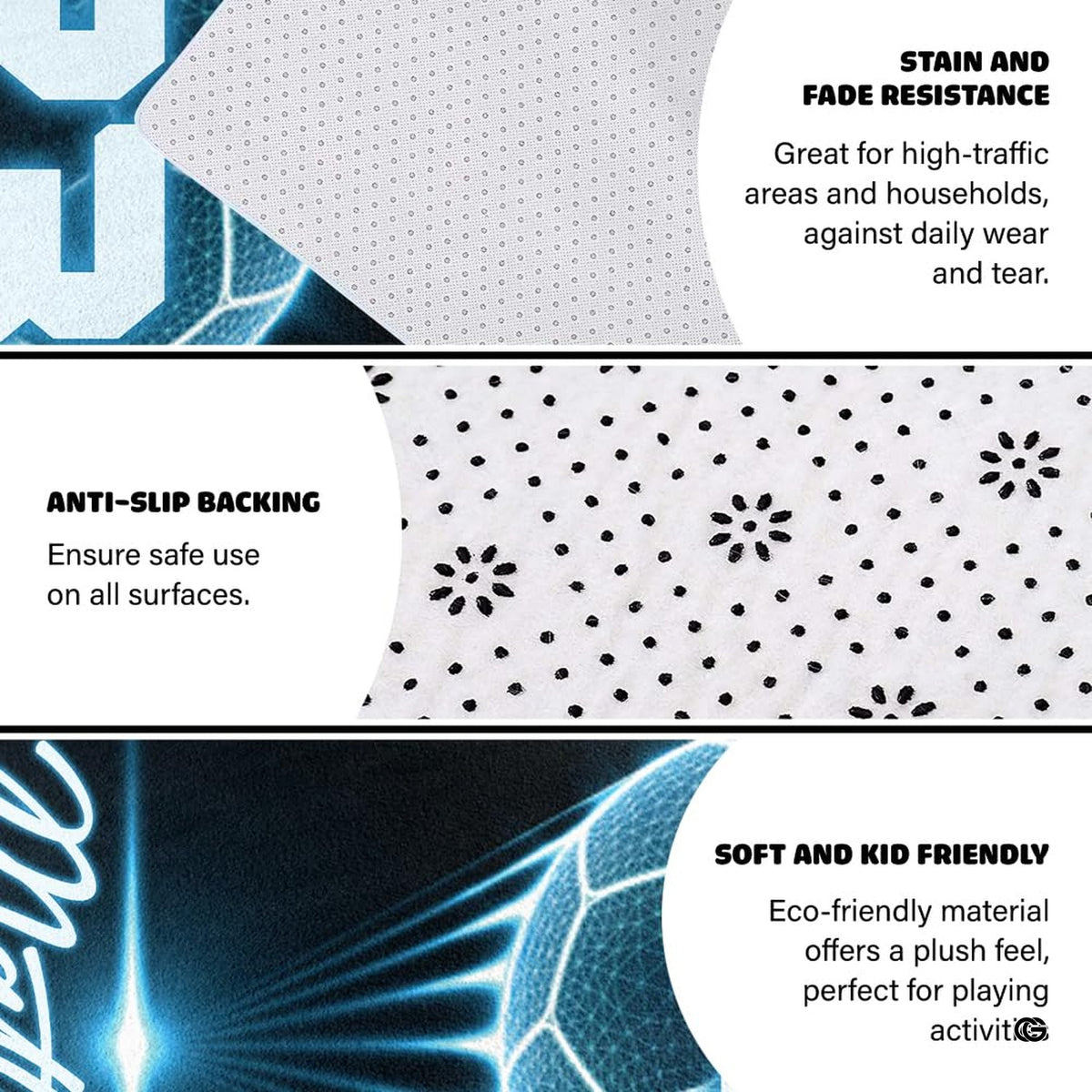 Infographic showing the non-skid dot backing and edge stitching of the athletic sports rug
