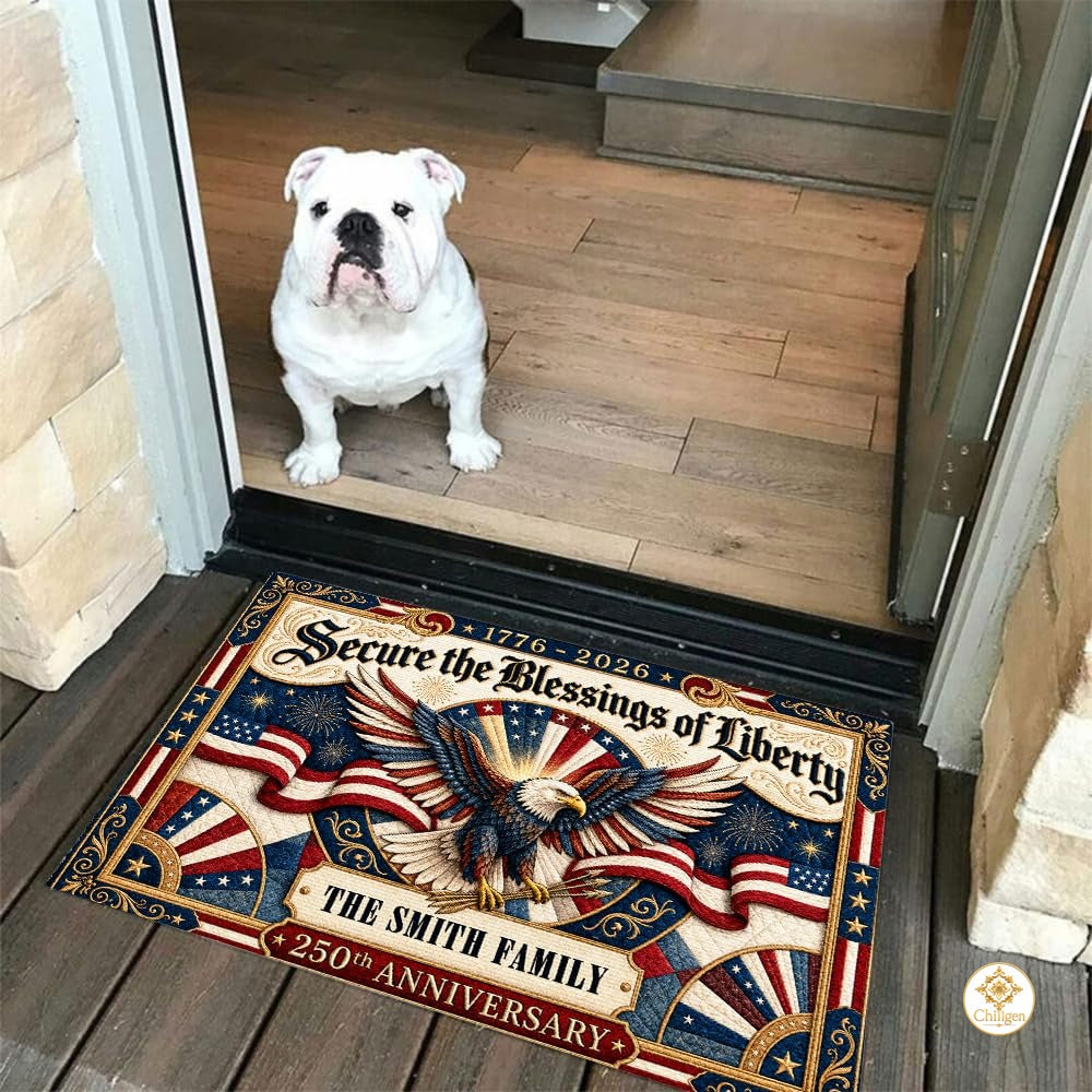 Personalized Family Name Doormat with Patriotic Hunting Art