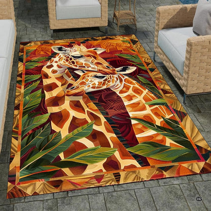 Patio stone lounge with wicker seating displaying the affectionate giraffe couple area rug - thumbnail image 1 of 7