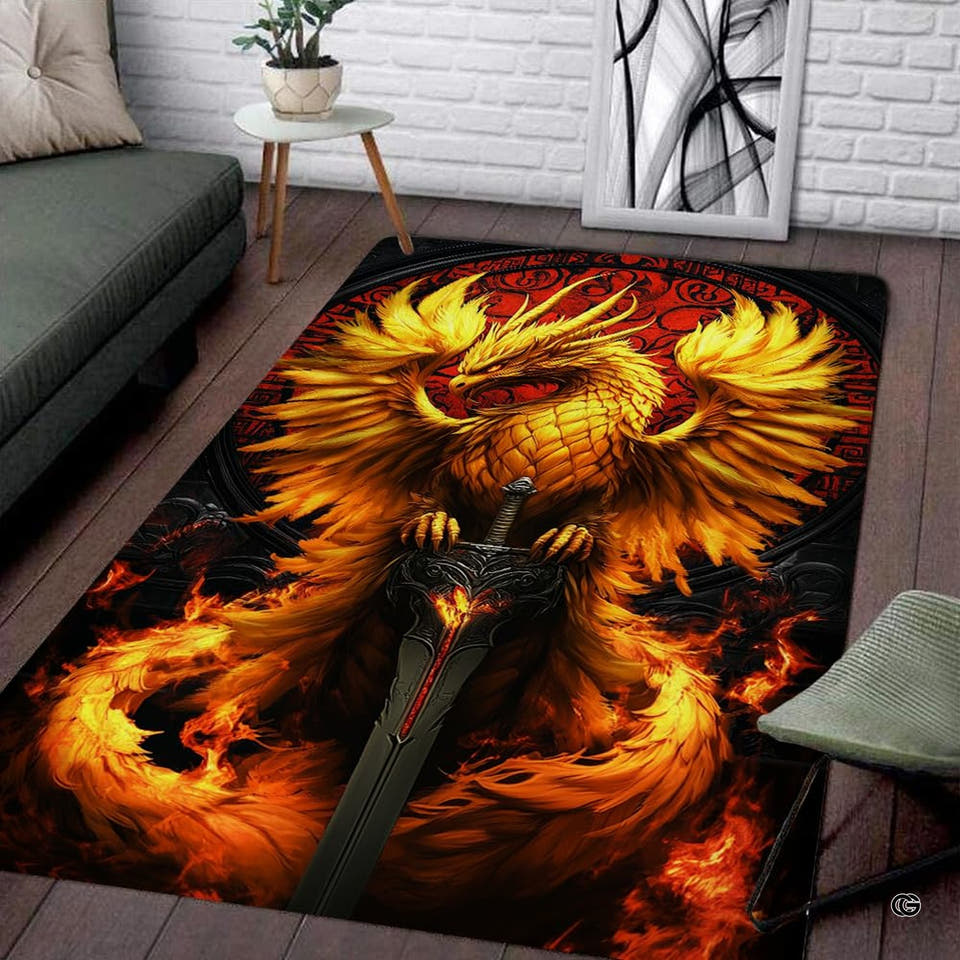 Phoenix area rug featuring a golden winged fire bird on an ancient sword hilt.