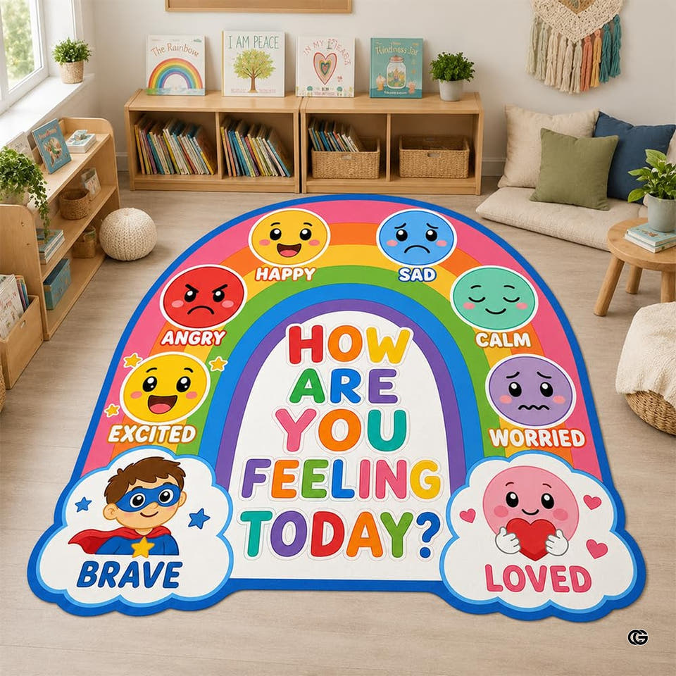 Classroom area rug featuring pastel emotions chart and rainbow motif on wooden flooring.