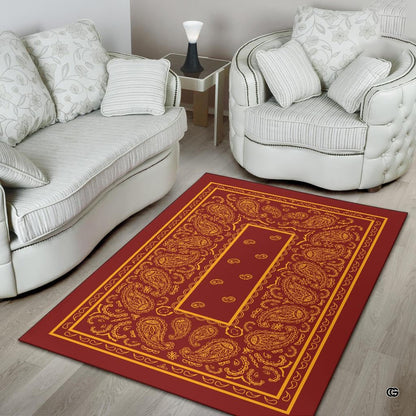 Non-slip rubber backing and bound edge stitching on maroon bandana floor rug - thumbnail image 4 of 9
