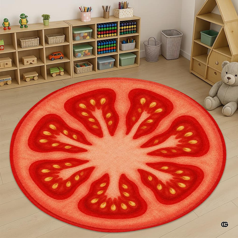 Round tomato slice rug in a bright nursery