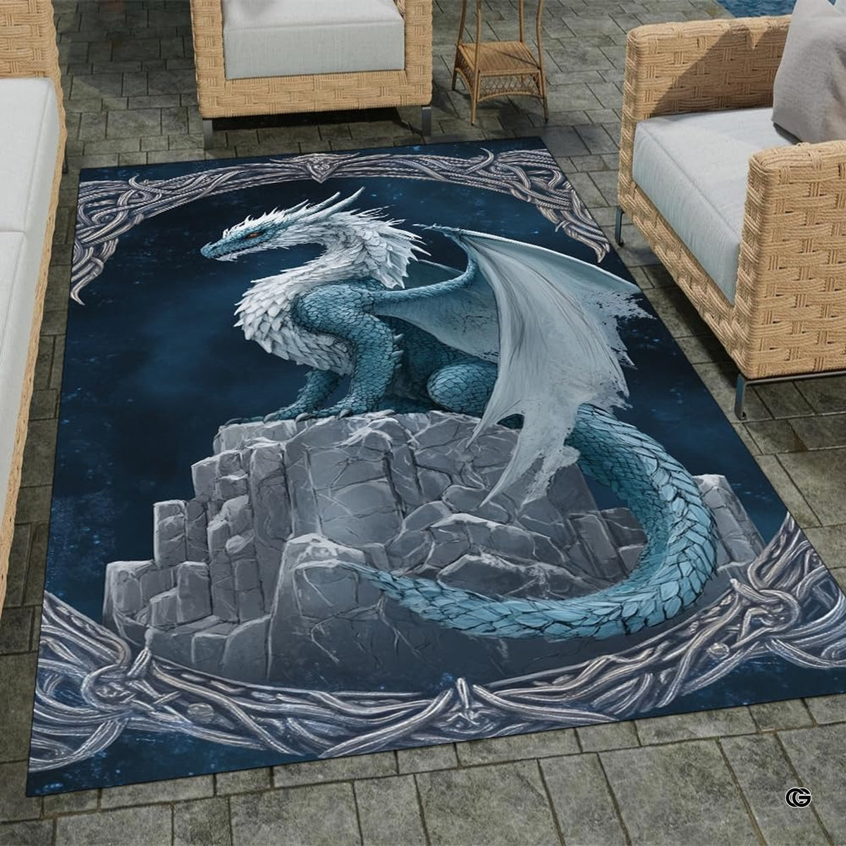 Overhead layout view of the rectangular frost ice dragon celtic fantasy area rug - image 7 of 7