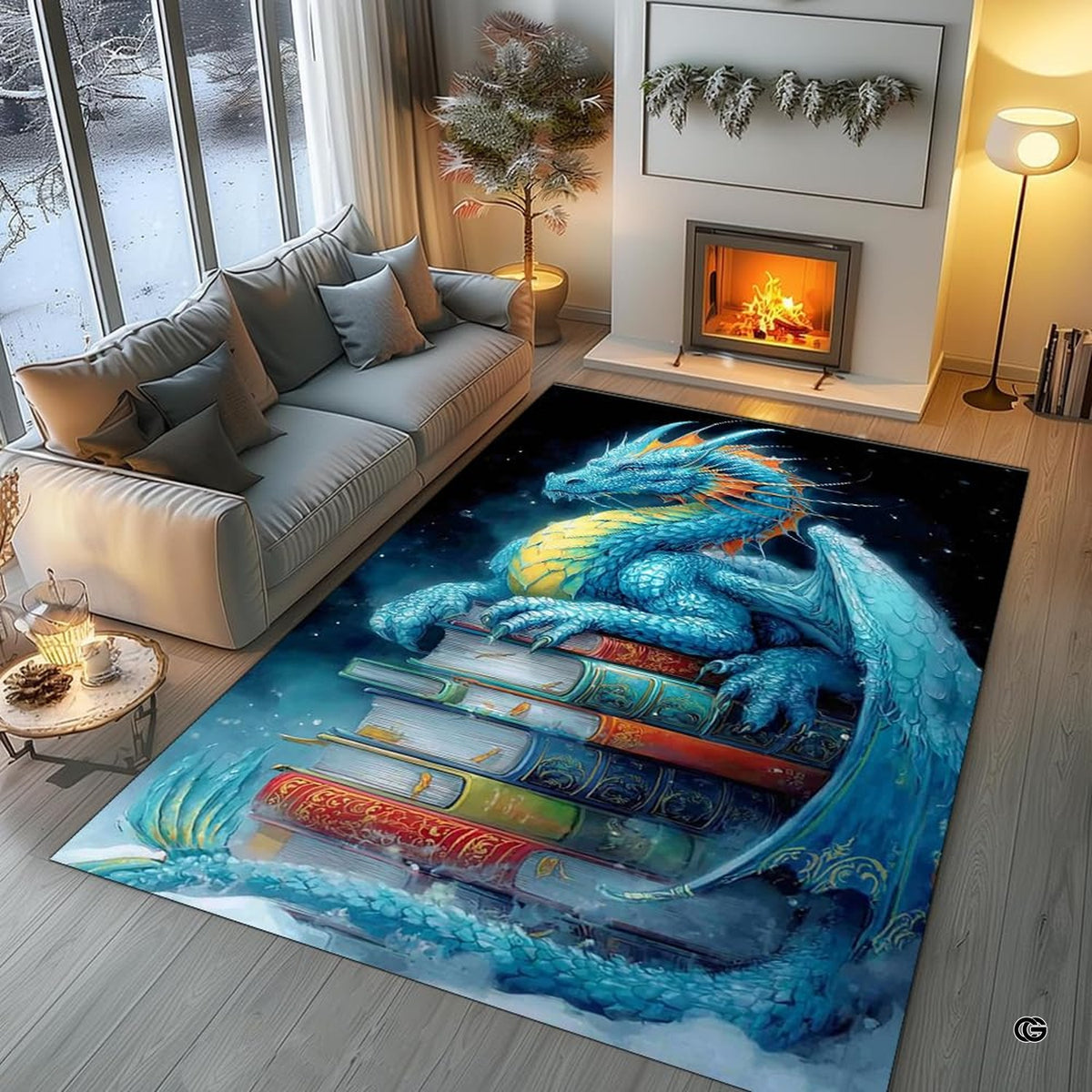 Majestic azure cyan blue dragon with golden horns resting on a tall stack of vintage leather-bound books area rug.