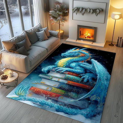 Majestic azure cyan blue dragon with golden horns resting on a tall stack of vintage leather-bound books area rug. - thumbnail image 5 of 8