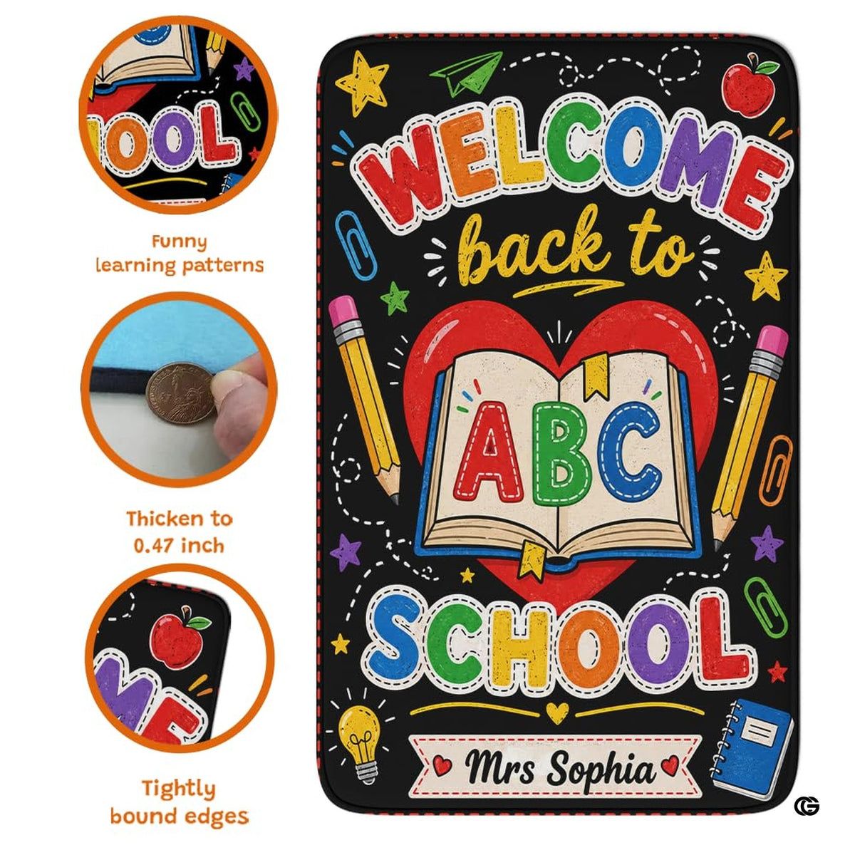 Chalkboard style area rug showing vibrant schoolhouse motifs, stars, and spiraled notebook art.