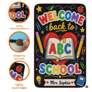 Chalkboard style area rug showing vibrant schoolhouse motifs, stars, and spiraled notebook art. - thumbnail image 7 of 7