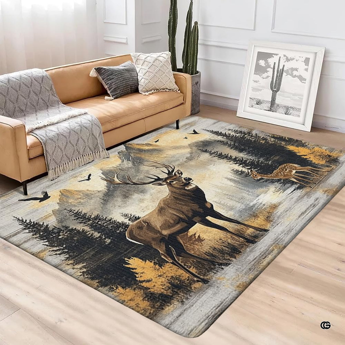 Living room styling display showing the rustic deer scene floor rug centered in front of a neutral sofa.