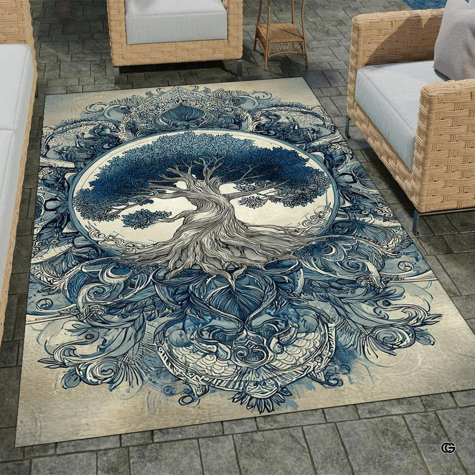 Patio stone lounge with wicker seating displaying the vintage indigo Celtic Tree of Life area rug