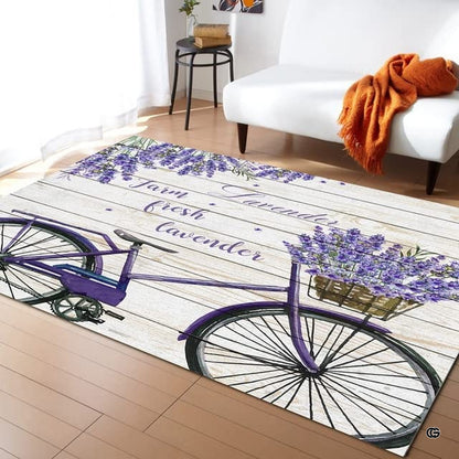 Farm fresh lavender bicycle rustic wood rectangular area rug in living room. - thumbnail image 1 of 5