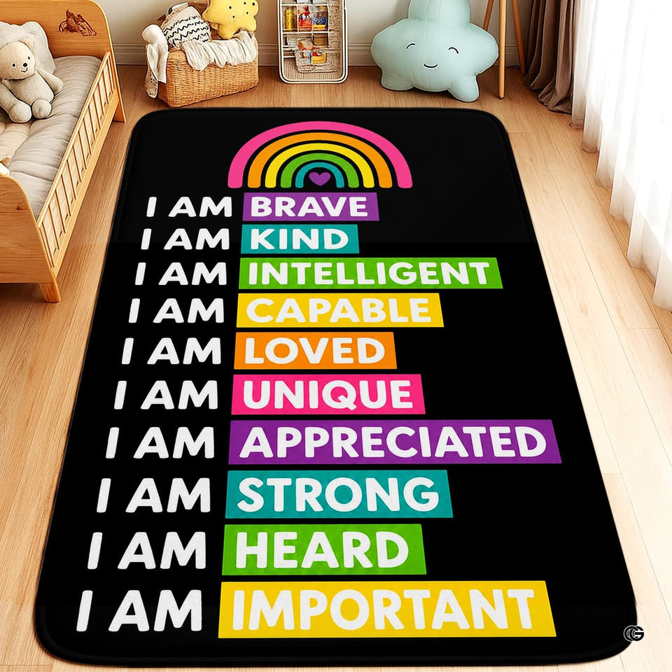 Rainbow affirmations black backdrop kids area rug in primary perspective