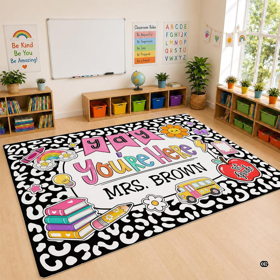 Leopard print school bus rainbow books kids area rug in primary perspective