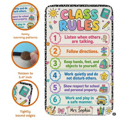 Detailed view of soft pile corner and colorful rule banners on classroom rug. - thumbnail image 7 of 7