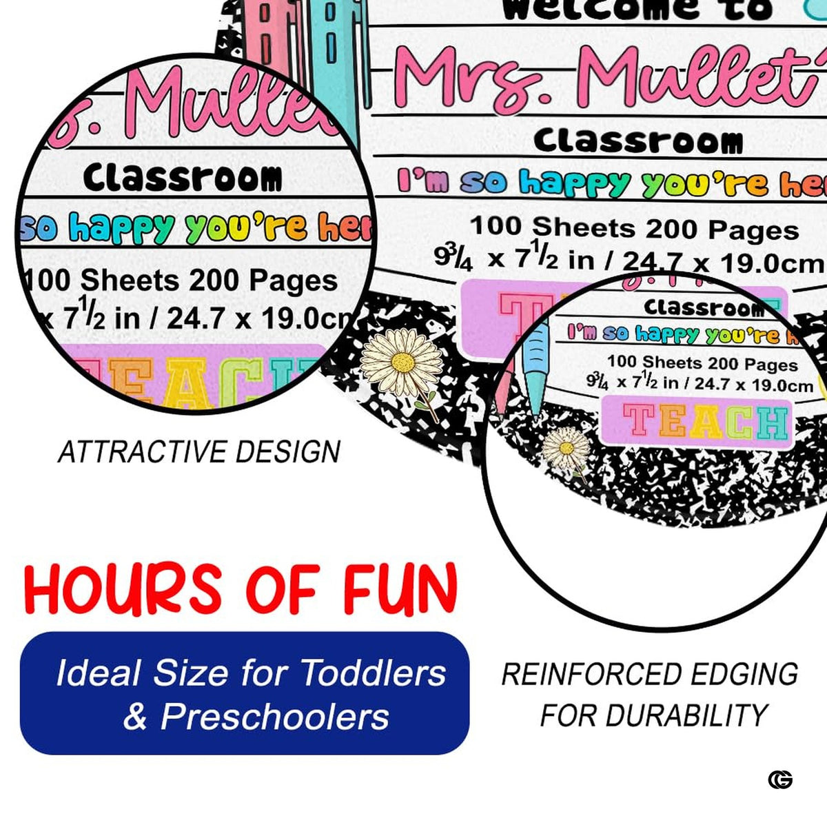 Angle display of composition notebook classroom decor floor rug highlighting colorful daisy motifs and pencil graphics.