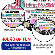 Angle display of composition notebook classroom decor floor rug highlighting colorful daisy motifs and pencil graphics. - thumbnail image 6 of 7