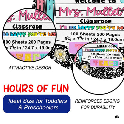Angle display of composition notebook classroom decor floor rug highlighting colorful daisy motifs and pencil graphics. - thumbnail image 6 of 7