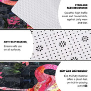 Infographic illustrating anti-slip backing, stain resistance, and kid-friendly plush microfiber - thumbnail image 4 of 8
