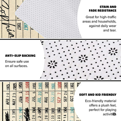 Close-up view of tabular grid columns and multi-colored thematic accent stamps on decorative rug. - thumbnail image 3 of 7