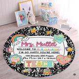 Composition notebook themed area rug featuring marbled border and pastel school graphics.