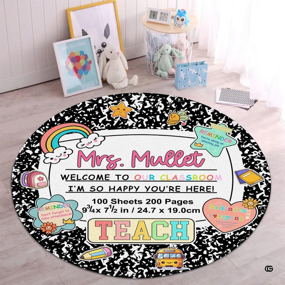 Composition notebook themed area rug featuring marbled border and pastel school graphics. - image 1 of 9