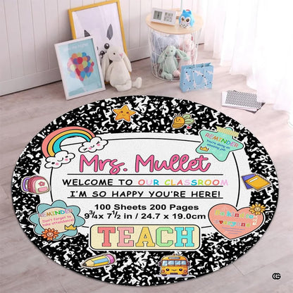 Composition notebook themed area rug featuring marbled border and pastel school graphics. - thumbnail image 1 of 9