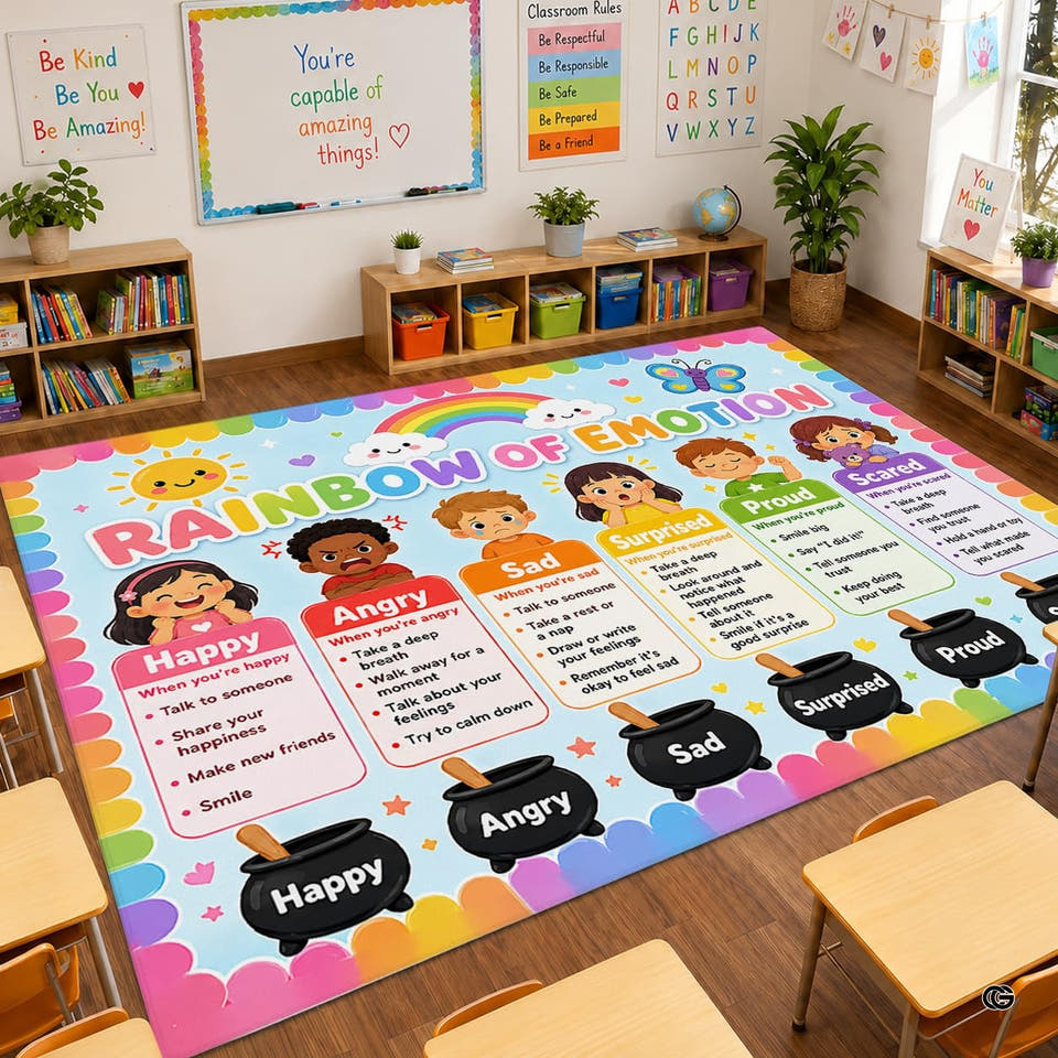 thematic accent chart classroom area rug with thematic accent arch, expressive children, and cauldrons.